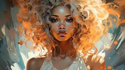 Young colorful beautiful curly blonde with full lips and brown eyes in a white undershirt in the sunlight (close-up, exotic, light amber and black, Afro-Caribbean influence) - obrazy, fototapety, plakaty