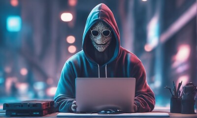hacker in mask and laptop hacker in mask and laptop hacker in a hoodie in a hood with a laptop