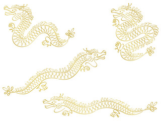 金色の龍のカリグラフィー線画イラストセット