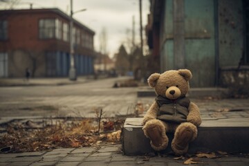 Realistic teddy bear sitting in the urban environment. Generative AI