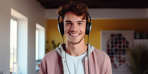 Smiling young man wearing wireless headphones cleaning the kitchen or house. He has fun