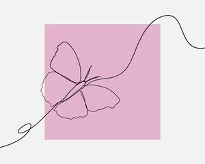 Continuous line, Butterflies flying on white. Drawing of set animal. (Vector illustration one line drawing)