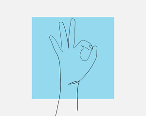 Continuous line, Hand showing the ok. Drawing of set people. (Vector illustration one line drawing)