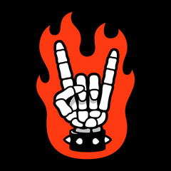 Cartoon Heavy Metal skeleton hand on fire