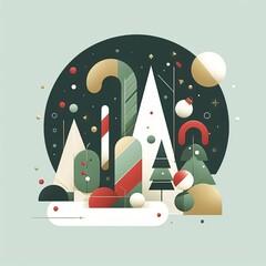 illustration related to the Christmas and New Year holidays, square format. Red, green, white and...
