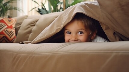 children kid playing hide and seek standing behind the sofa, Adorable child having fun in the home. happy family have fun with kids, activity, learning, activity, game, meditation - obrazy, fototapety, plakaty