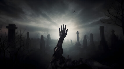 Zombie Hand Rising Out Of A Graveyard In Spooky Night background - obrazy, fototapety, plakaty