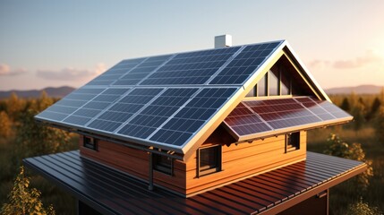 Naklejka premium Solar panel on factory or house roof top. Photovoltaic power supply systems. Solar power plant. The source of ecological renewable energy, environment, power, technology