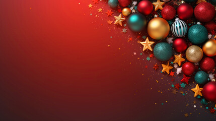 Red and gold glitter christmas ball on red light gradient black background for decoration at corner of frame, copy space for text.