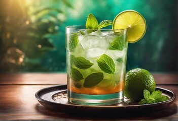 fresh mojito cocktail with lime, mint and icefresh mojito cocktail with lime, mint and ice refreshing drink with lime, mint leaves and mint in a transparent glass on an old wooden background. 