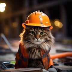 A cat in a construction helmet