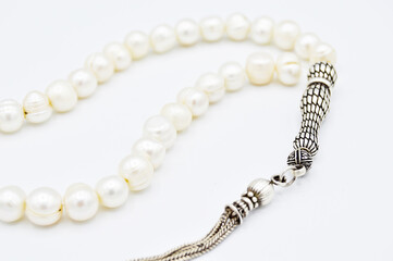 White pearl and silver beads sequenced, short rosary, tespih tesbih