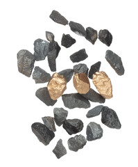 Gold ore nugget mix stone material explode from Mining. Golden nugget ore explosion with stone gravel in gold Mining industry. White background Isolated throwing freeze stop motion