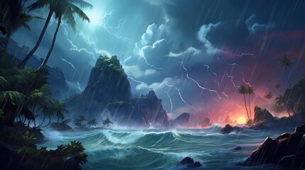 Tropical island during a fierce storm, with crashing waves, torrential rain, and the forces of nature at their most powerful game art - obrazy, fototapety, plakaty