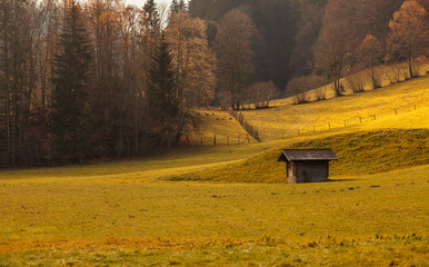 paisaje con casita de madera en los alpes - rural
