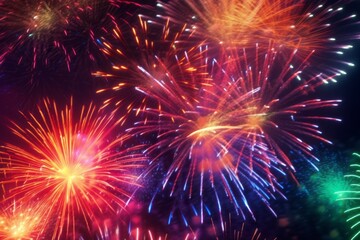 Obraz premium Fireworks lit up with beautiful colors, Colorful fireworks abstract background for celebration happy new year, merry christmas and 4th of july. 