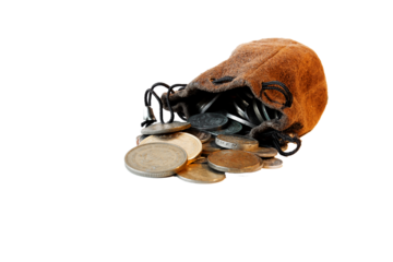 Small brown leather pouch opened with several coins inside. Isolated on transparent background, PNG. Savings concept.