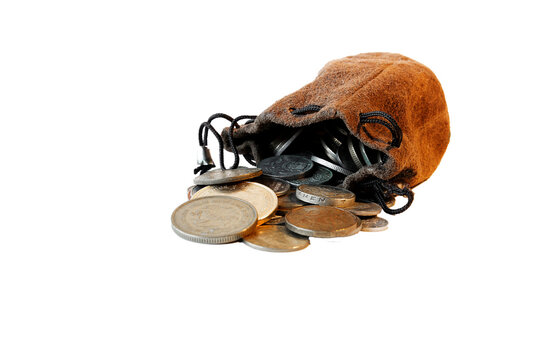 Small brown leather pouch opened with several coins inside. Isolated on transparent background, PNG. Savings concept.