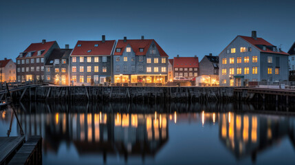 Fototapeta na wymiar panorama nocturne d'un petit port en Scandinavie avec maison colorées illuminés par les lumières du village