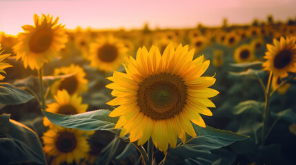Obraz premium gros plan sur une fleur de tournesol dans un champ au soleil couchant, heure dorée