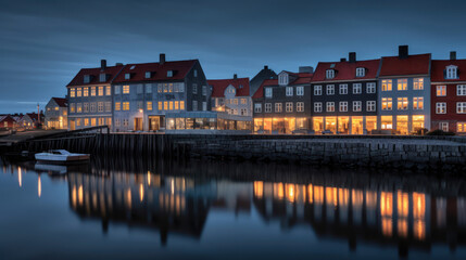 panorama nocturne d'un petit port en Scandinavie avec maison colorées illuminés par les lumières du village