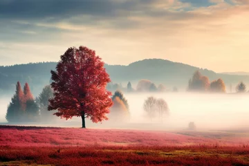 Foto op Plexiglas Vibrant autumn scenery with foggy morning and colorful trees. Generative AI © Noah