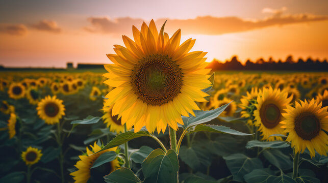 gros plan sur une fleur de tournesol dans un champ au soleil couchant, heure dor&eacute;e
