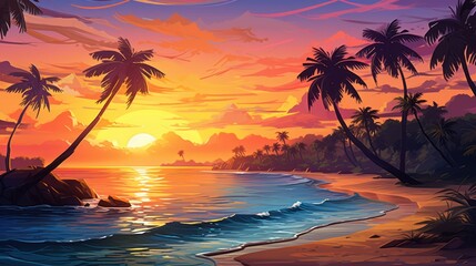 Fototapeta na wymiar Tropical island at sunset, with golden sands, palm trees, and a vivid, multicolored sky game art