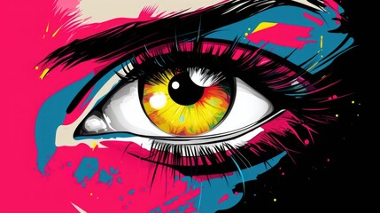 A close up of a person's eye with paint splatters. Pop art, ai image.