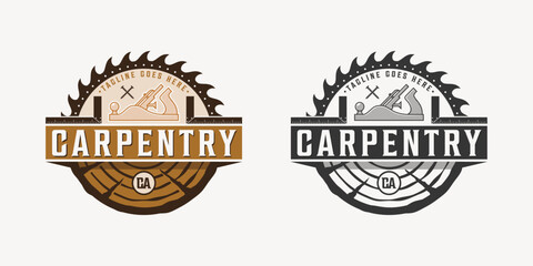 Set carpentry logo emblem vintage with carpenter tools, spokeshave, square rule, saw blade, and iron nails. Woodworking logo vector design template silhouette isolated