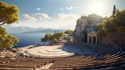an ancient, sun-drenched Greek amphitheater, a timeless stage for performances that transcend eras