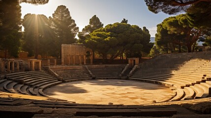 an ancient, sun-drenched Greek amphitheater, a timeless stage for performances that transcend eras