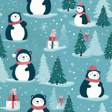 Snowy Polar Bears and Penguins Christmas Print Pattern Christmas Pattern