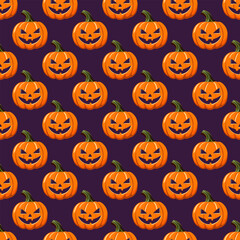 Halloween seamless pattern of pumpkins and bats on a purple background