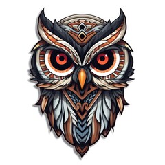 Fototapeta premium A tattoo style owl with red eyes on a white background. Digital art.