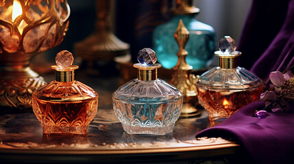 arabian perfumes sitting on a dressing table - obrazy, fototapety, plakaty