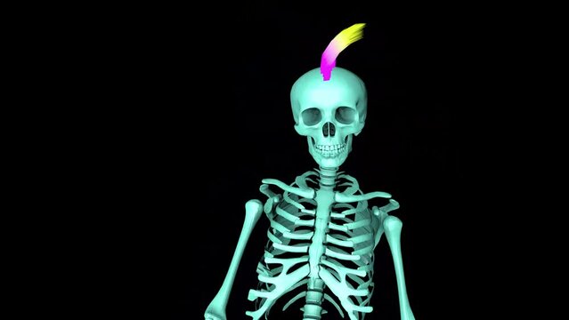 A punk skeleton with a bright mohawk walks like a zombie towards the camera. Looped 3D animation. Halloween and horror concept. Funny skeleton.