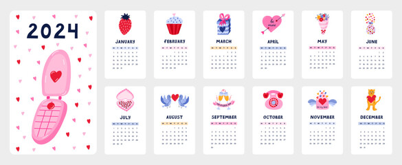 Cute calendar template for 2024 year with creative romantic illustrations. Calendar grid with weeks starts on Monday for kids nursery, corporate design. Vertical monthly calender layout for planning