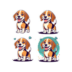 Cute cool beagle puppy set. Collection of  dog in various styles. Vector illustration of domestic pet behavior