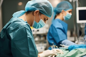 Female nurse wears a blue uniform with a mask. Doctors operating room