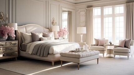 an elegant bedroom retreat with soft, muted pastels and luxurious silk fabrics that exude tranquility and comfort