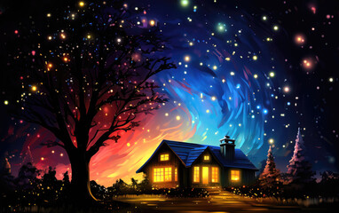 Night landscape with tree, house and stars. Vector illustration