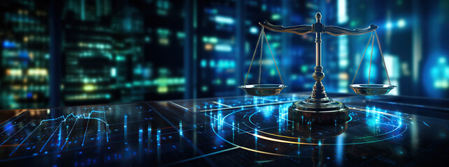 Law scales on background of data center. Digital law concept of duality of Judiciary, Jurisprudence and Justice and data in the modern world. Copy space