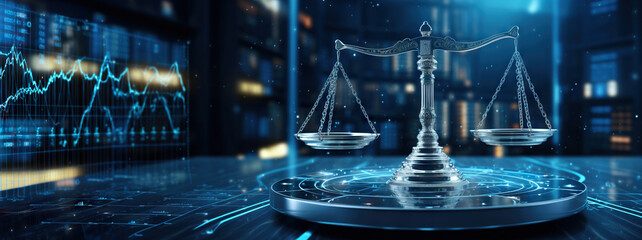 Law scales on background of data center. Digital law concept of duality of Judiciary, Jurisprudence and Justice and data in the modern world. Copy space