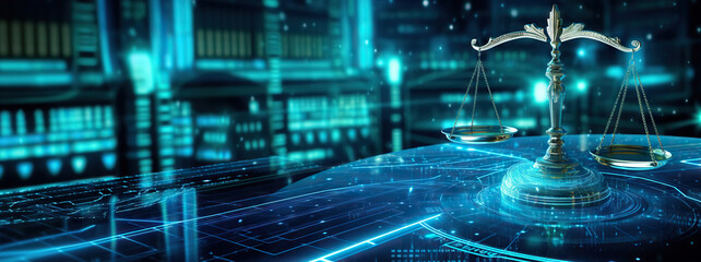 Law scales on background of data center. Digital law concept of duality of Judiciary, Jurisprudence and Justice and data in the modern world. Copy space - obrazy, fototapety, plakaty