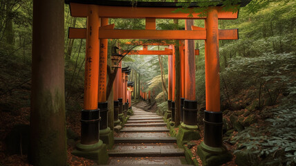 Fototapeta na wymiar Red wooden Tori Gate in Kyoto, Japan