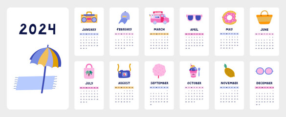 Cute calendar template for 2024 year with tropical summer illustrations. Calendar grid with weeks starts on Monday for kids nursery or corporate design. Vertical monthly calender layout for planning - Powered by Adobe