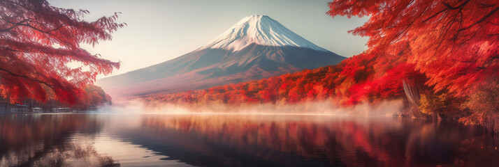 The Mount Fuji stands majestically over a serene lake, surrounded by vibrant flowers and lush trees