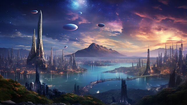 an otherworldly cityscape on a distant planet, where imagination and innovation have shaped a new reality