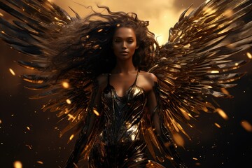 Golden Goddess over an Abstract Heaven Background. Glowing Wings and Many Particles over the Subject.
